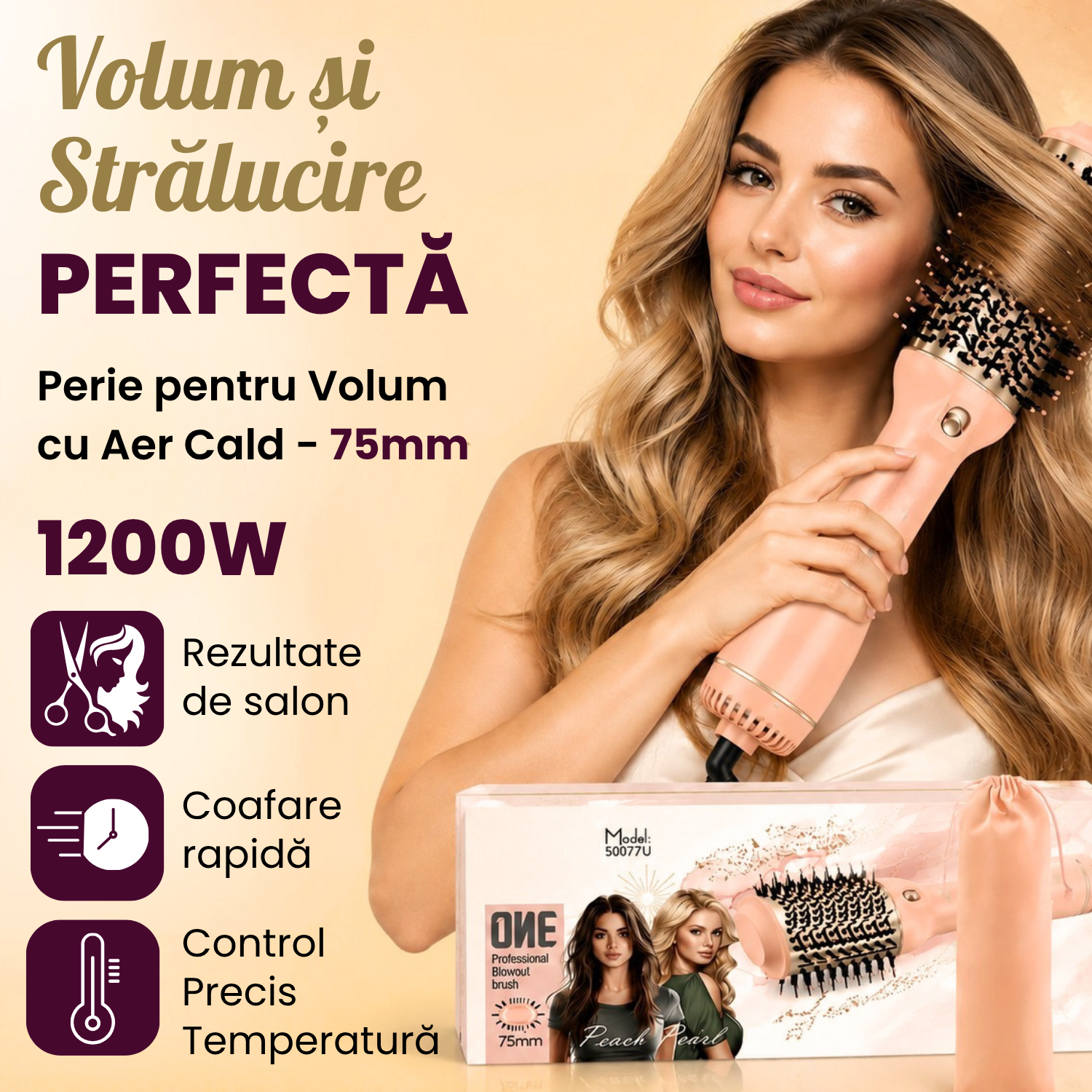 Perie Rotundă Aer Cald 1200W: Volum și Uscare Rapidă cu 3 Moduri și Husă Inclusă - imagine 2