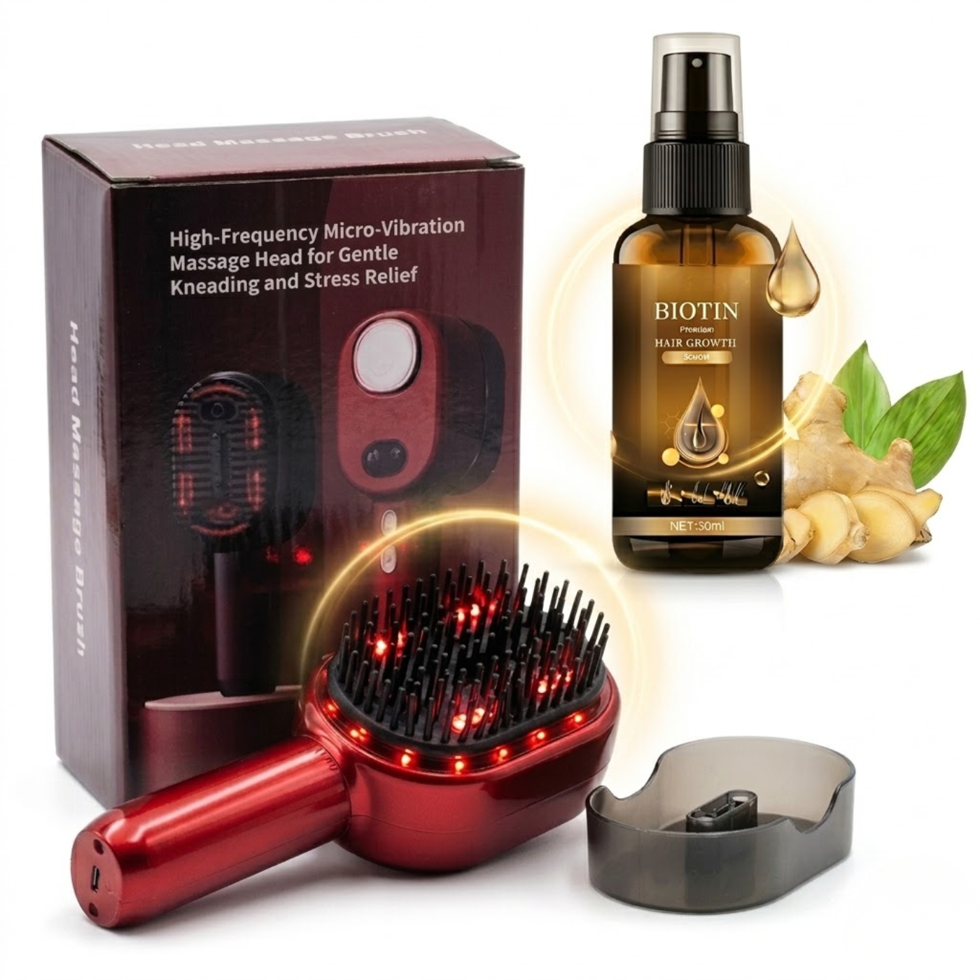 Perie de Par Smart, Pentru Masare Scalp cu Fototerapie si Ser Intensiv cu Biotina, Terapie LED infrarosu